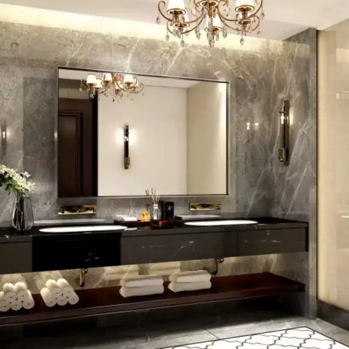 40x30inch Silver Rectangular Wall-mounted Beveled Bathroom Mirror,Square Angle Metal Frame Wall Mounted Bathroom Mirrors For Wall