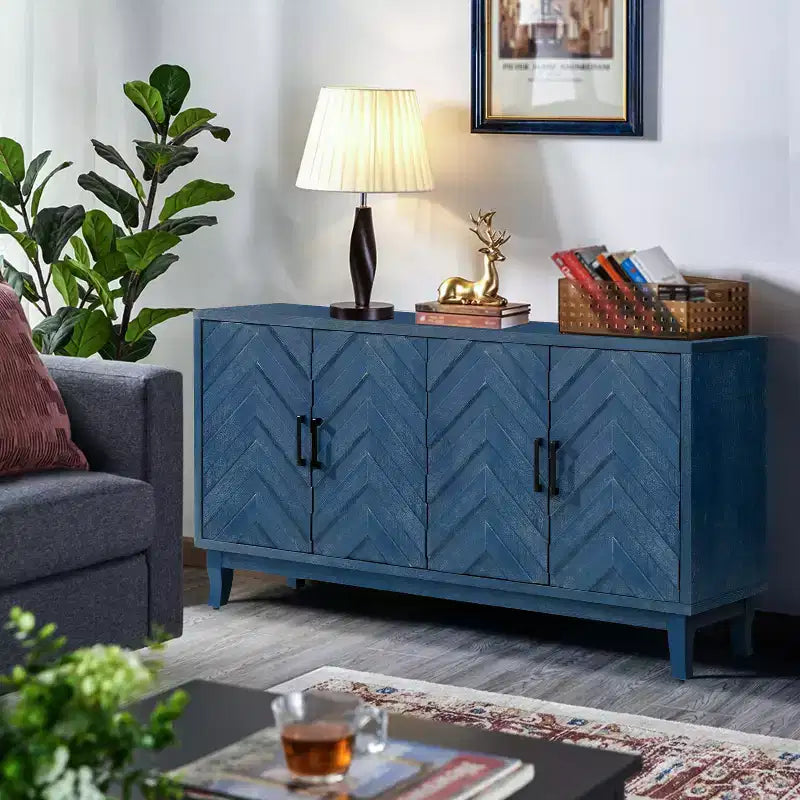 Bahut de rangement en bois à 4 portes renforcé, style vintage avec accents laqués