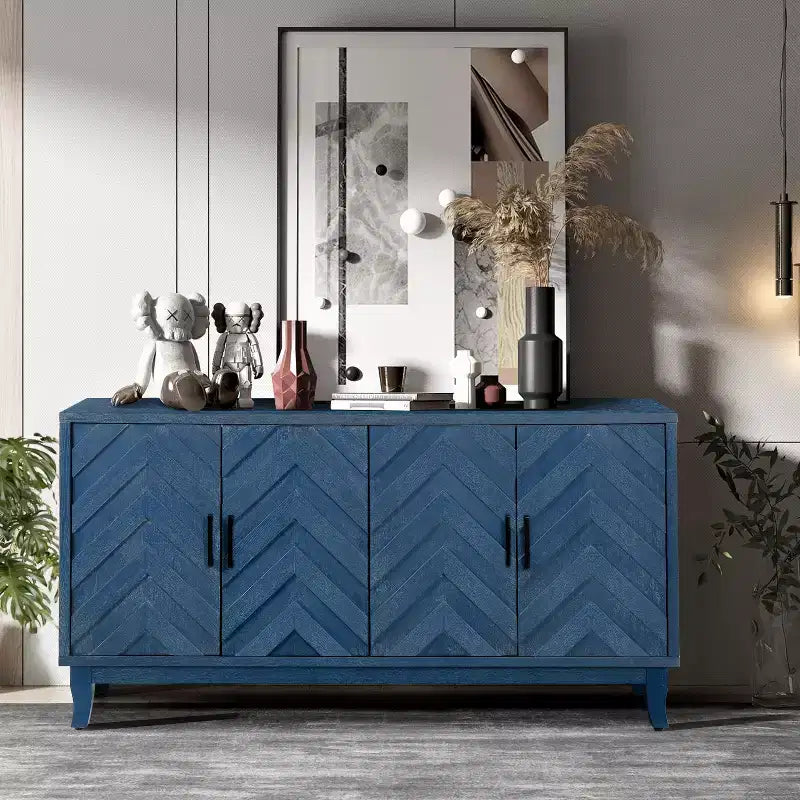 Bahut de rangement en bois à 4 portes renforcé, style vintage avec accents laqués