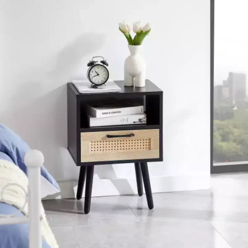 15.75 Rattan End table with drawer and solid wood legs, Modern nightstand, side table for living room, bedroom, black