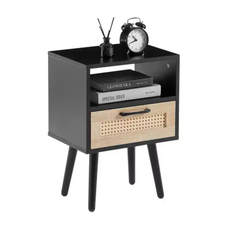 Table d'appoint en rotin avec tiroir et pieds en bois massif – Noir