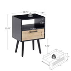 Table d'appoint en rotin avec tiroir et pieds en bois massif – Noir