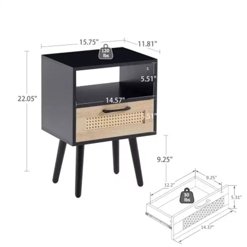 Table d'appoint en rotin avec tiroir et pieds en bois massif – Noir