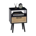 Table d'appoint en rotin avec tiroir et pieds en bois massif – Noir