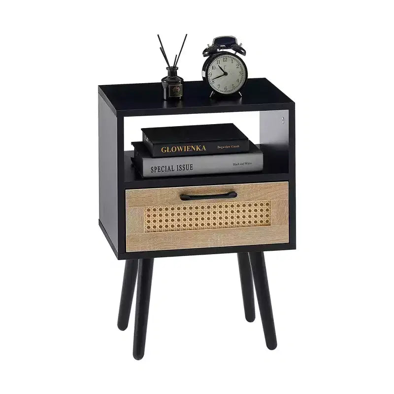 Table d'appoint en rotin avec tiroir et pieds en bois massif – Noir