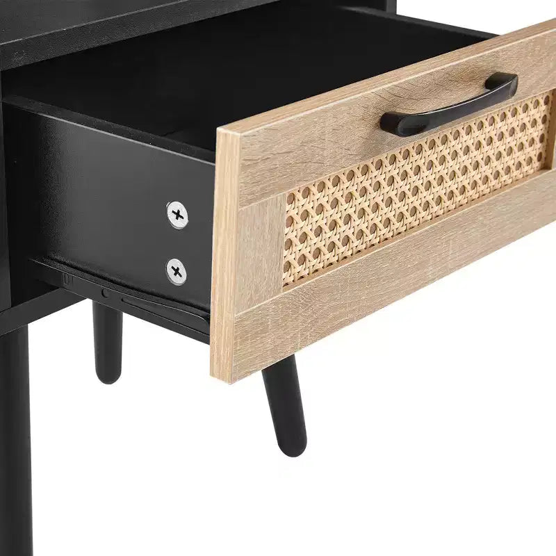Table d'appoint en rotin avec tiroir et pieds en bois massif – Noir