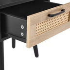 Table d'appoint en rotin avec tiroir et pieds en bois massif – Noir