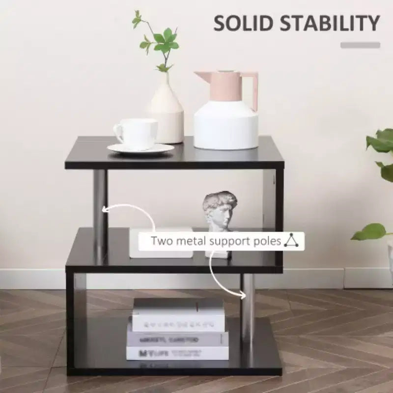 Modern End Table, Accent Side Table, S-Shaped Coffee Table with Storage Shelf and Steel Poles, Black