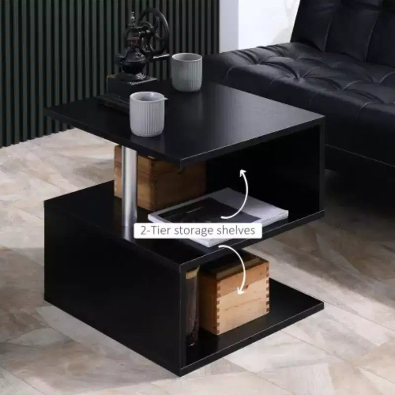 Table d'appoint en S avec étagère de rangement et pieds en acier, noire