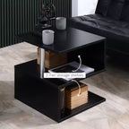 Table d'appoint en S avec étagère de rangement et pieds en acier, noire