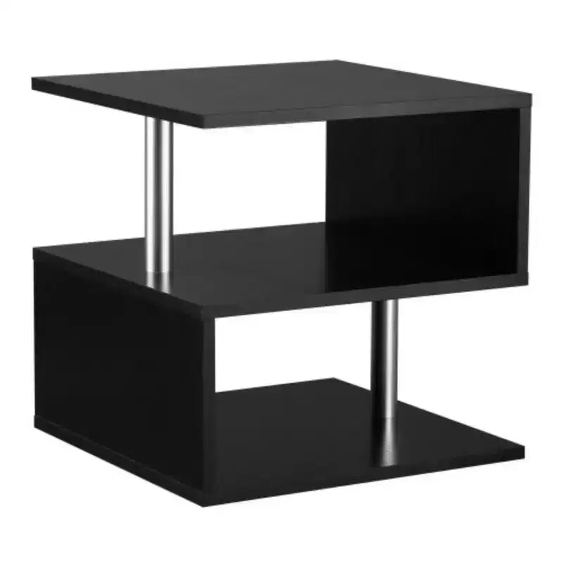 Table d'appoint en S avec étagère de rangement et pieds en acier, noire