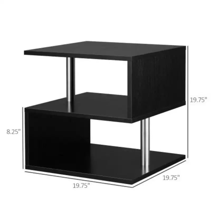 Table d'appoint en S avec étagère de rangement et pieds en acier, noire