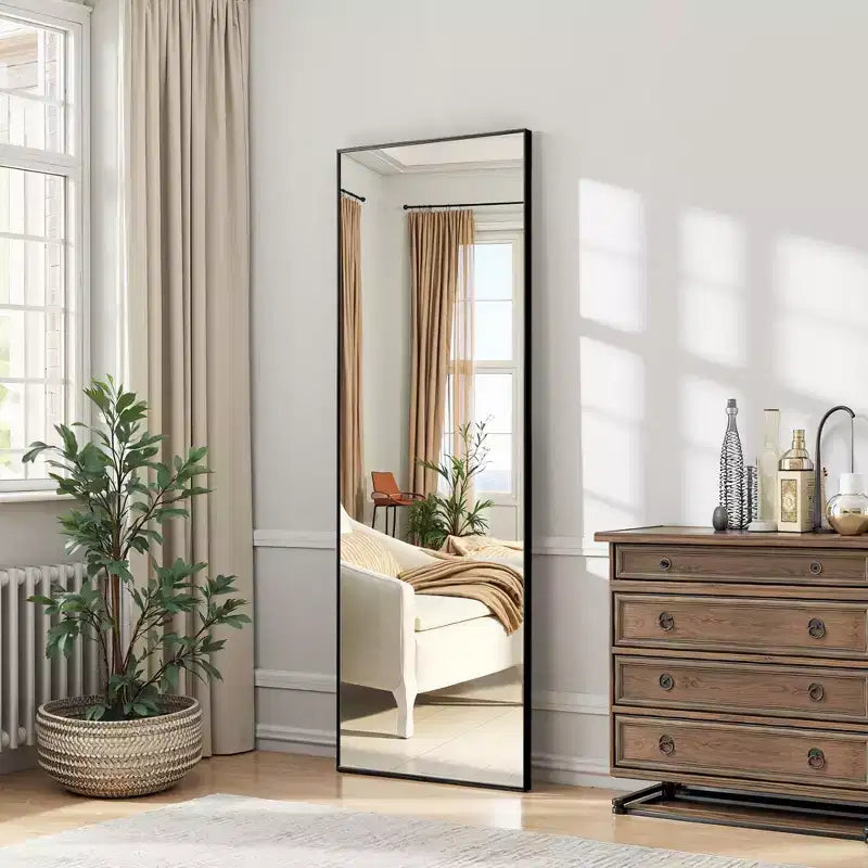 Thin-Edged Black Full-Length Rectangular Mirror in Aluminum Alloy, 163x54x1.5cm (With Bracket)