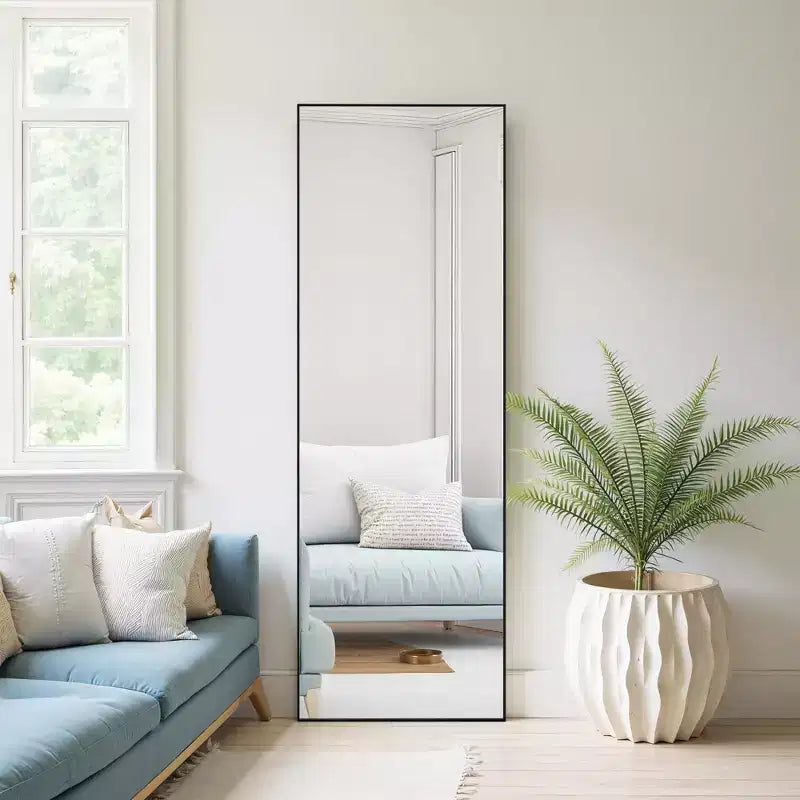 Miroir rectangulaire pleine longueur en alliage d'aluminium noir à bords fins, 163x54x1.5cm (avec support)