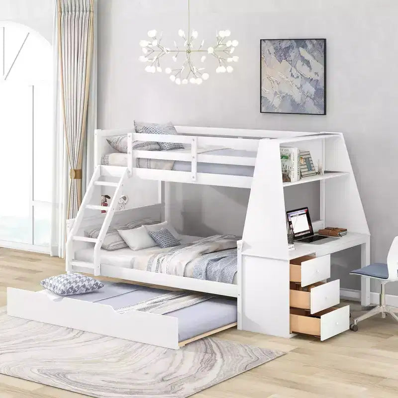 Whisen Twin over Full Bunk Bed with Trundle, Built-in Desk, Three Storage Drawers and Shelf
