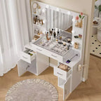 Vanity Desk with Mirror and Lights, Glass Top, Charging Station, Mirror, Nightstand, 3 Lighting Modes, White
