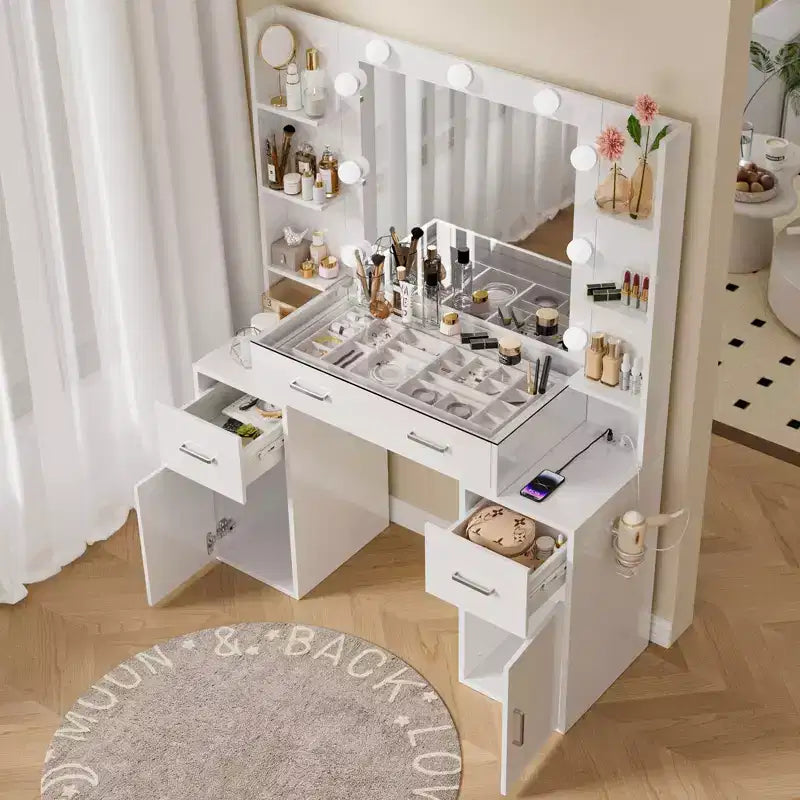 Vanity Desk with Mirror and Lights, Glass Top, Charging Station, Mirror, Nightstand, 3 Lighting Modes, White