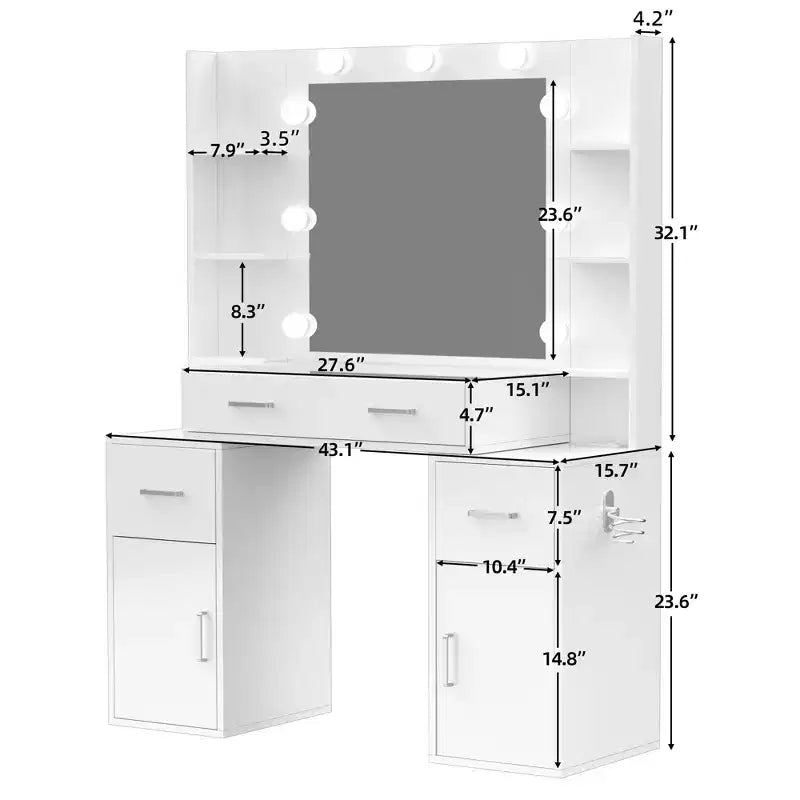 Coiffeuse lumineuse avec miroir, plateau en verre, tiroirs et station de charge
