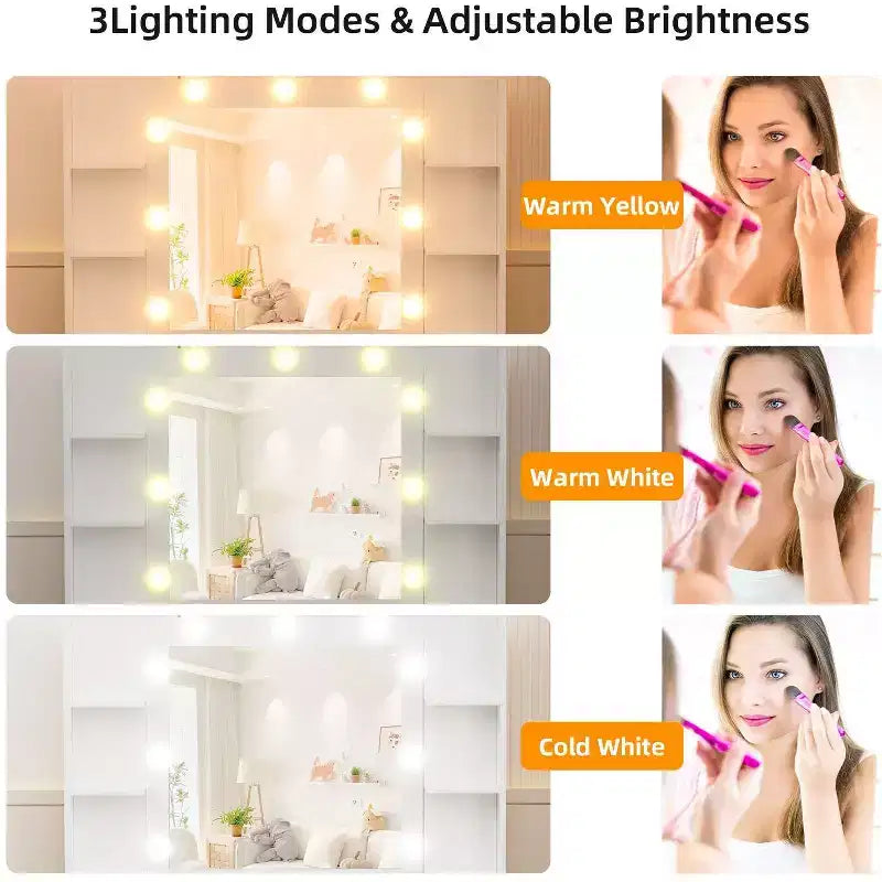 Coiffeuse lumineuse avec miroir, plateau en verre, tiroirs et station de charge