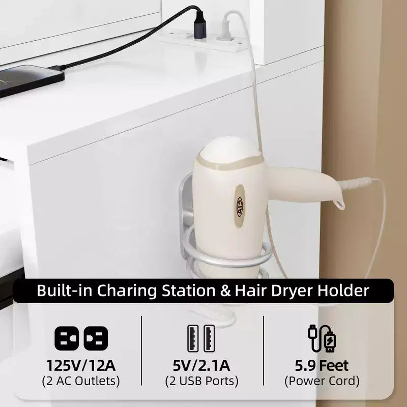 Coiffeuse lumineuse avec miroir, plateau en verre, tiroirs et station de charge