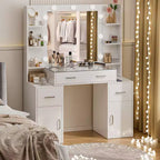 Coiffeuse lumineuse avec miroir, plateau en verre, tiroirs et station de charge