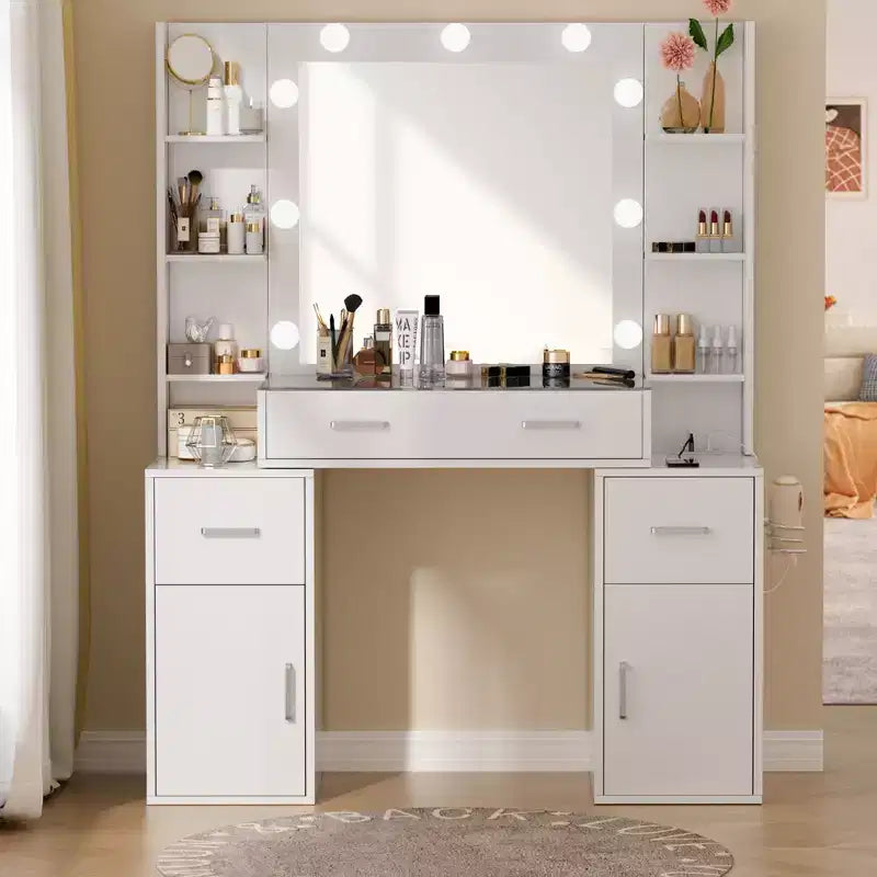 Coiffeuse lumineuse avec miroir, plateau en verre, tiroirs et station de charge