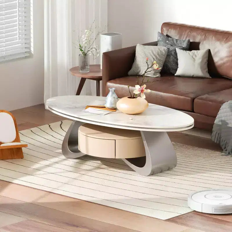 ATJafurn 47.2'' Oval Modern Coffee Table Luxury Faux Marble Top Stainless Steel Base