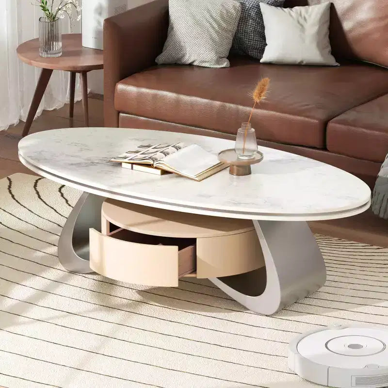 ATJafurn Table basse ovale moderne de 120 cm avec plateau en faux marbre de luxe et base en acier inoxydable