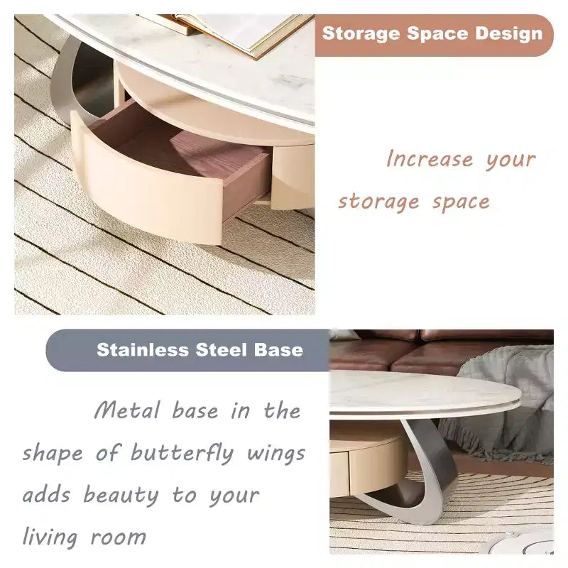 ATJafurn Table basse ovale moderne de 120 cm avec plateau en faux marbre de luxe et base en acier inoxydable
