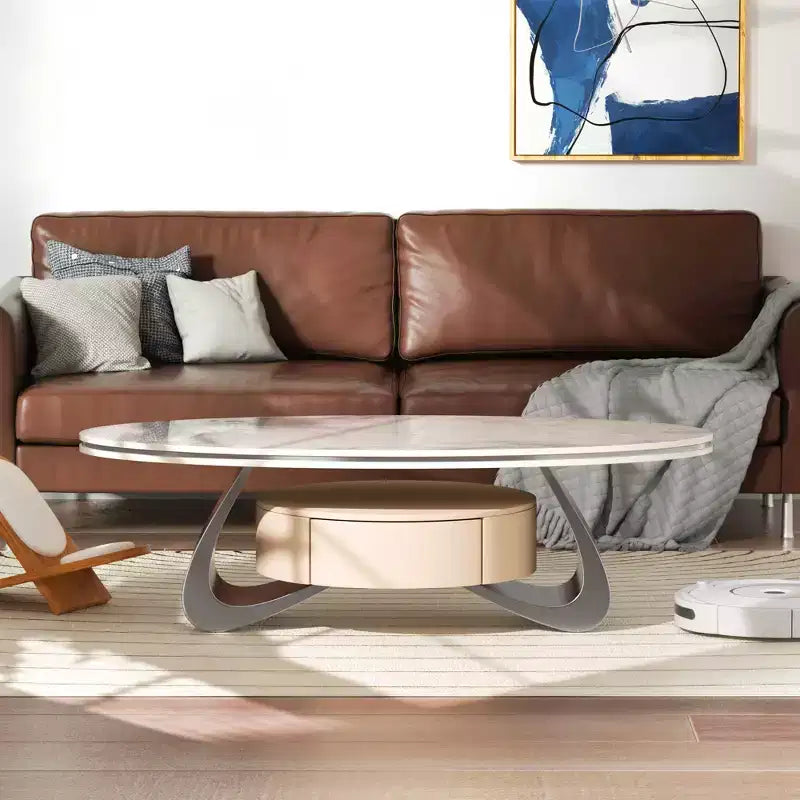ATJafurn Table basse ovale moderne de 120 cm avec plateau en faux marbre de luxe et base en acier inoxydable