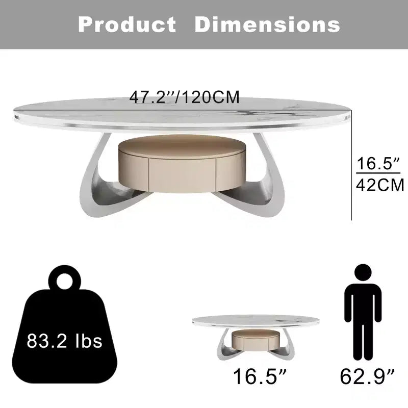 ATJafurn Table basse ovale moderne de 120 cm avec plateau en faux marbre de luxe et base en acier inoxydable