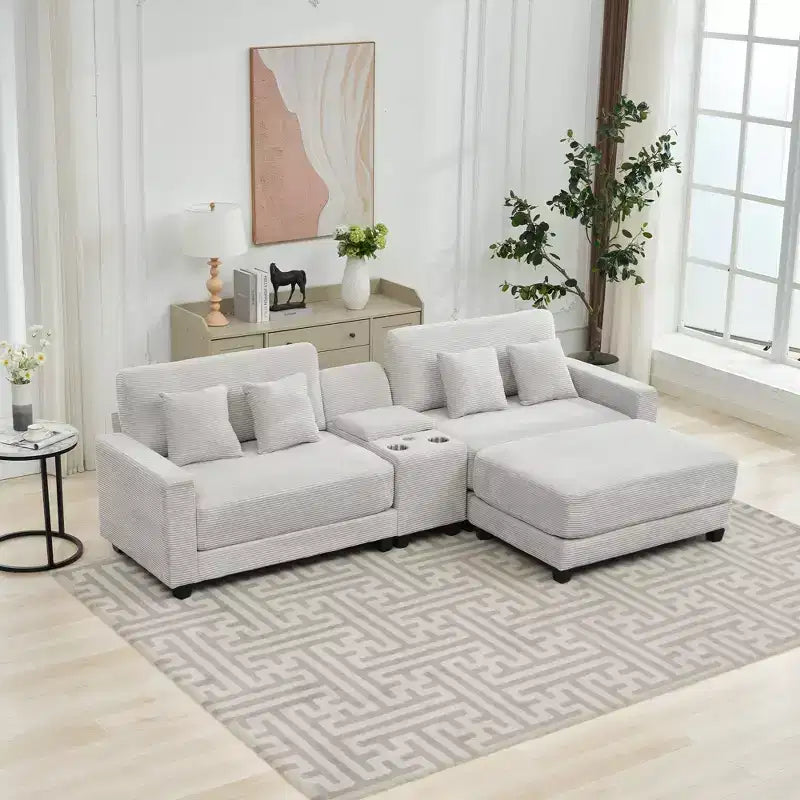 Canapé d'angle surdimensionné en velours côtelé de 284 cm avec pouf, oreillers et ports de chargement
