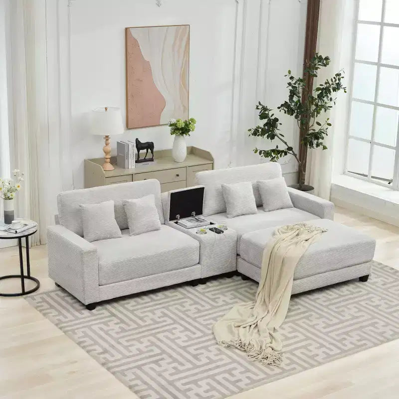 Canapé d'angle surdimensionné en velours côtelé de 284 cm avec pouf, oreillers et ports de chargement