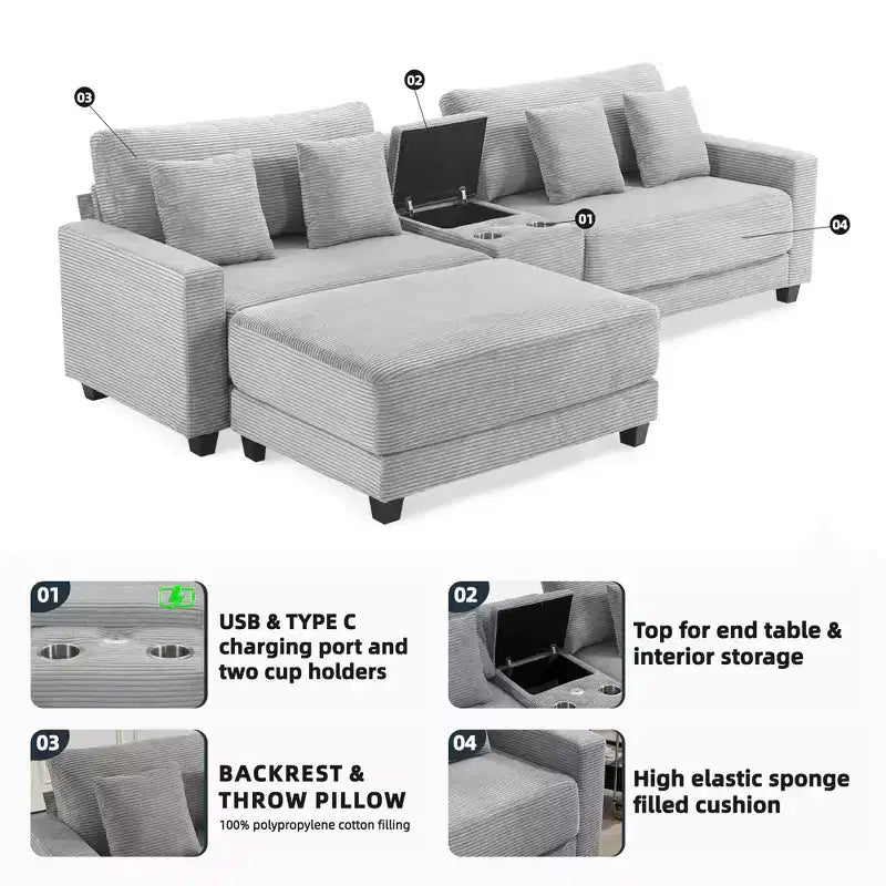 Canapé d'angle surdimensionné en velours côtelé de 284 cm avec pouf, oreillers et ports de chargement