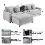 Canapé d'angle surdimensionné en velours côtelé de 284 cm avec pouf, oreillers et ports de chargement