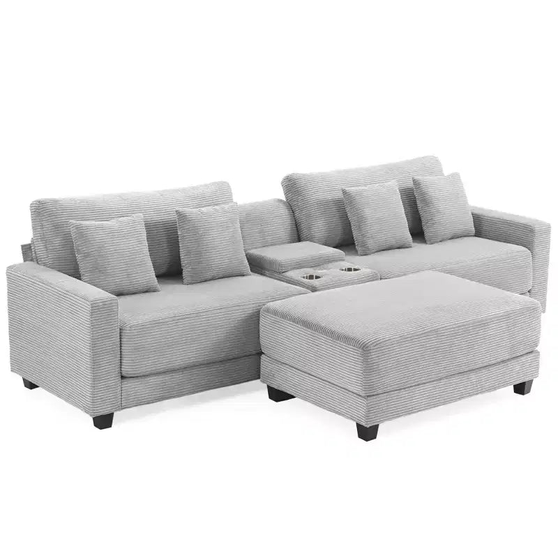 Canapé d'angle surdimensionné en velours côtelé de 284 cm avec pouf, oreillers et ports de chargement