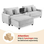 Canapé d'angle surdimensionné en velours côtelé de 284 cm avec pouf, oreillers et ports de chargement