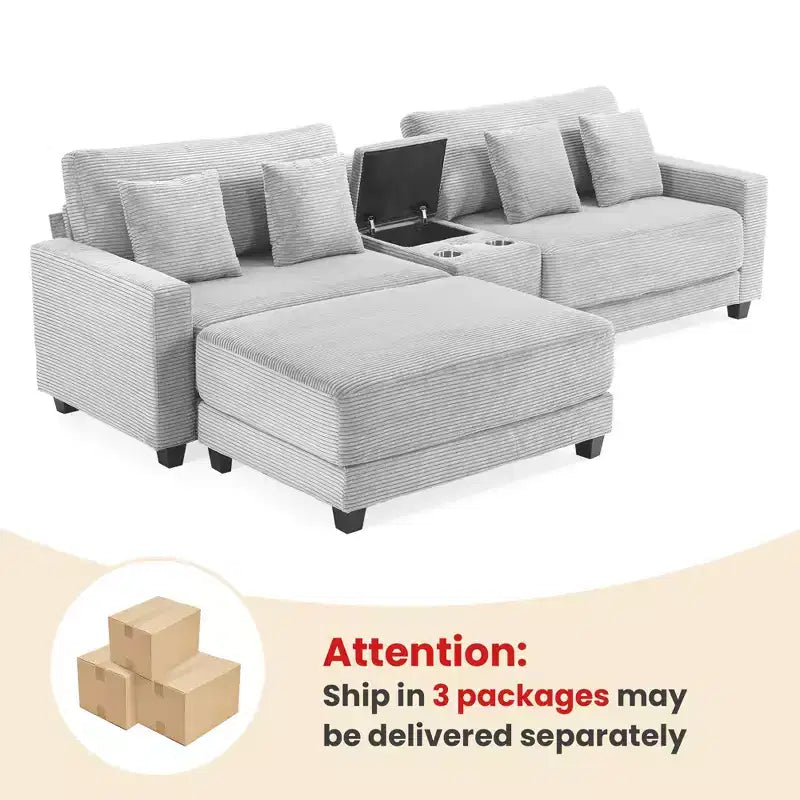 Canapé d'angle surdimensionné en velours côtelé de 284 cm avec pouf, oreillers et ports de chargement