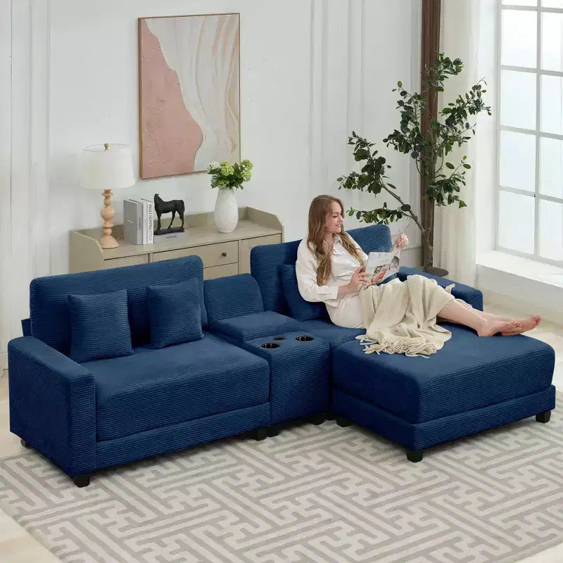 Canapé d'angle surdimensionné en velours côtelé de 284 cm avec pouf, oreillers et ports de chargement