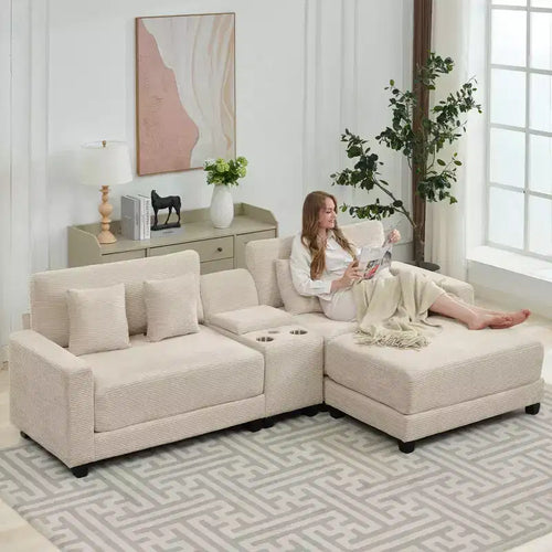 Canapé d'angle surdimensionné en velours côtelé de 284 cm avec pouf, oreillers et ports de chargement