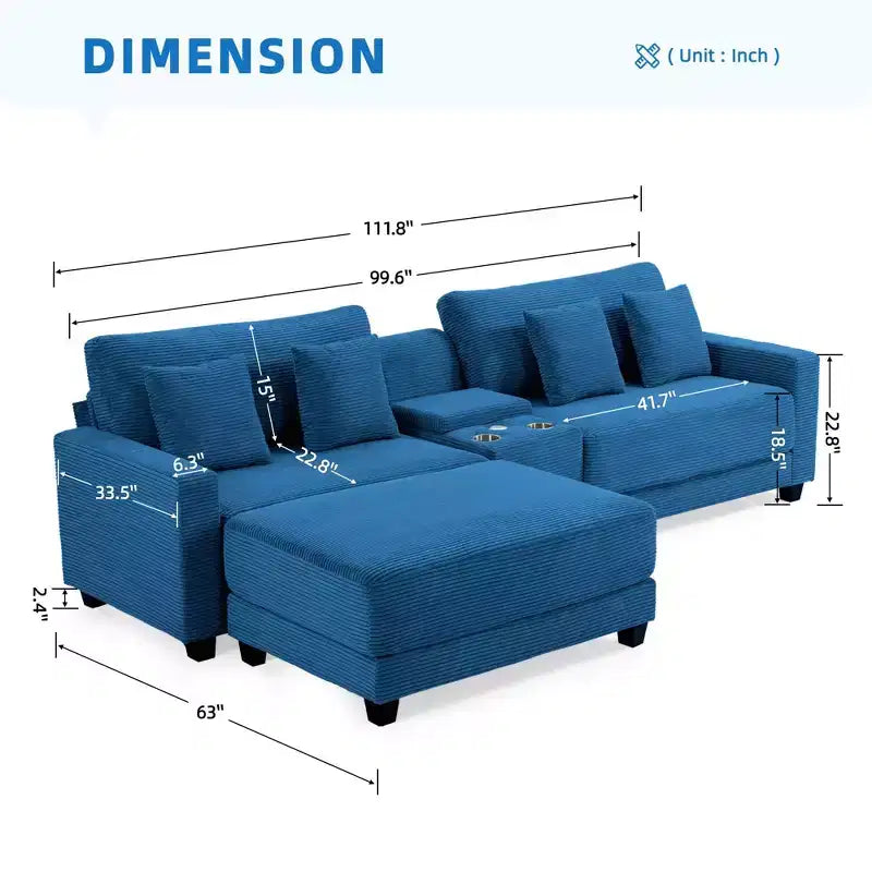 Canapé d'angle surdimensionné en velours côtelé de 284 cm avec pouf, oreillers et ports de chargement