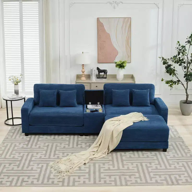 Canapé d'angle surdimensionné en velours côtelé de 284 cm avec pouf, oreillers et ports de chargement