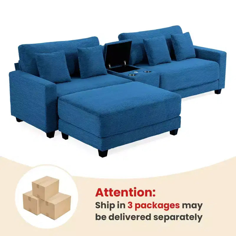 Canapé d'angle surdimensionné en velours côtelé de 284 cm avec pouf, oreillers et ports de chargement