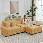 Canapé d'angle surdimensionné en velours côtelé de 284 cm avec pouf, oreillers et ports de chargement