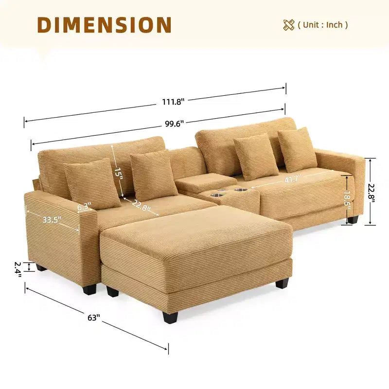 Canapé d'angle surdimensionné en velours côtelé de 284 cm avec pouf, oreillers et ports de chargement