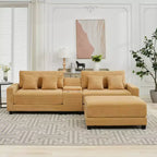 Canapé d'angle surdimensionné en velours côtelé de 284 cm avec pouf, oreillers et ports de chargement
