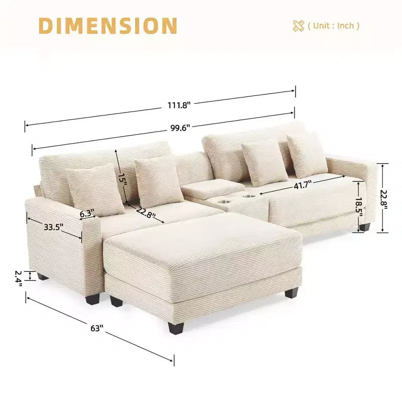 Canapé d'angle surdimensionné en velours côtelé de 284 cm avec pouf, oreillers et ports de chargement