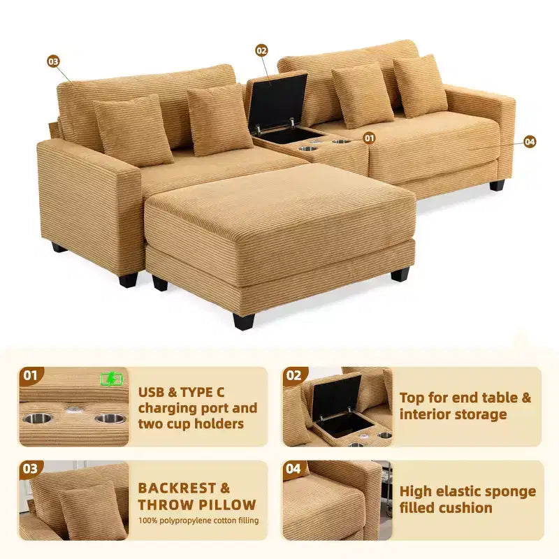 Canapé d'angle surdimensionné en velours côtelé de 284 cm avec pouf, oreillers et ports de chargement