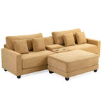 Canapé d'angle surdimensionné en velours côtelé de 284 cm avec pouf, oreillers et ports de chargement