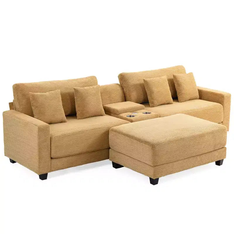 Canapé d'angle surdimensionné en velours côtelé de 284 cm avec pouf, oreillers et ports de chargement